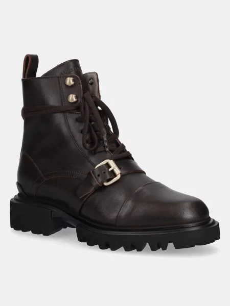 Kožne čizme AllSaints TORI BOOT ravni potplat smeđa