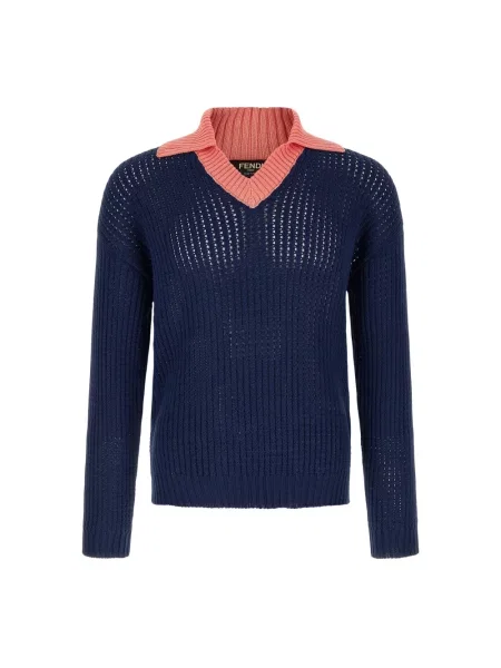 Dzianinowy sweter Fendi z dekoltem w serek niebieski