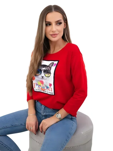Halenka s kočičí grafikou 3D červená