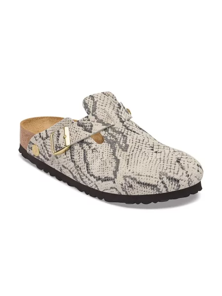 Semišové mules Birkenstock s potlačou so vzorom hadej kože béžová