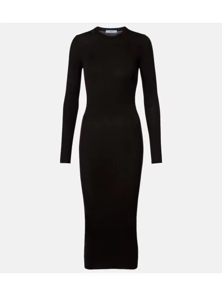 Volnena obleka midi obleka Prada nad koleni rjava