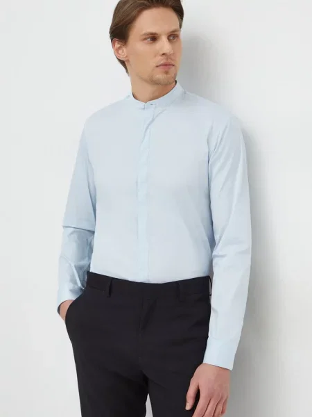 Риза Lindbergh мъжка с кройка по тялото с права яка синьо