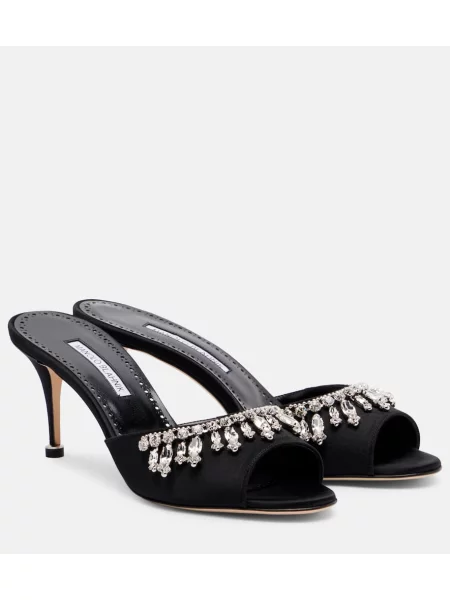 Papuci tip mules Manolo Blahnik din satin negru
