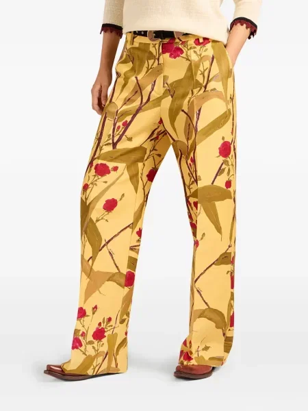 Spodnie La Doublej w kwiatki z nadrukiem plisowane żółte
