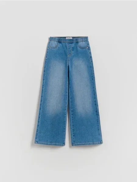 Reserved Jeansy wide leg z efektem sprania niebieski