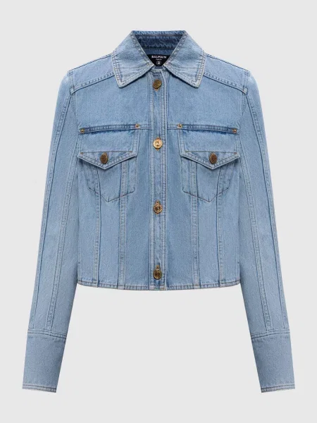 Укорочена джинсова куртка Balmain блакитна