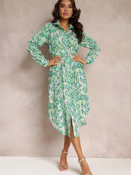 Rochie Imprimată cu Guler și Adicională Verenice verde