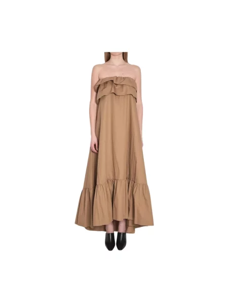 Sukienka maxi Saint Laurent z falbankami bez ramiączek brązowa