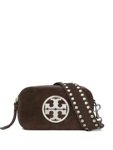 Geanta crossbody Tory Burch din piele de căprioară cu tepi maro