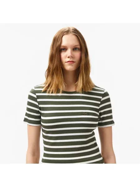 Lacoste T-Shirt Z Okrągłym Dekoltem W Paski Slim Fit Ciemnozielony zielony