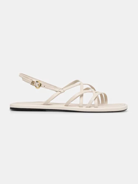 Tommy Hilfiger usnjeni sandali FLAT STRAPPY SANDAL LTH bež