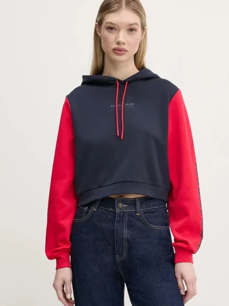 Mikina Red Bull Racing x Pepe Jeans COLOUR BLOCK HOODY tmavomodrá s kapucí s potiskem červená