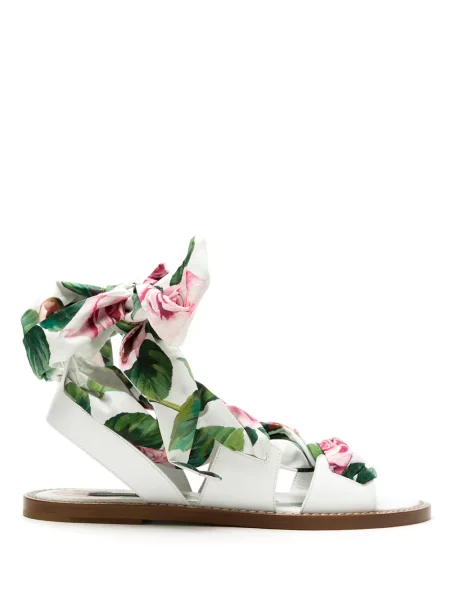 Sandale Dolce & Gabbana cu șireturi cu imprimeu tropical din dantelă alb