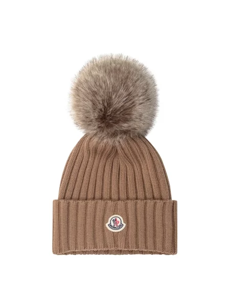 Czapka Moncler wełniana z pomponem beżowa