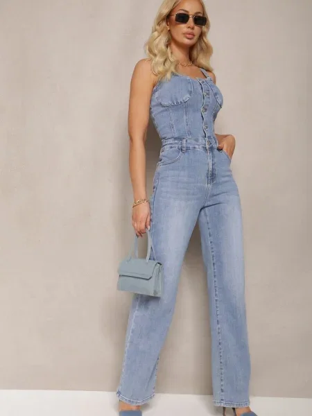 Salopeta din denim cu picioare drepte bretele Naslwen albastru