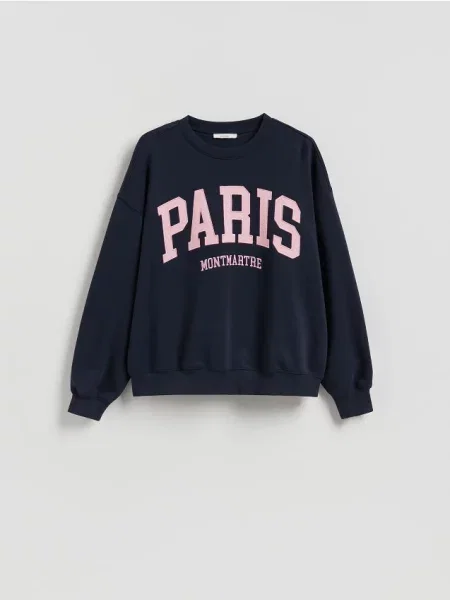 Reserved Bluza z haftowanym napisem granatowy