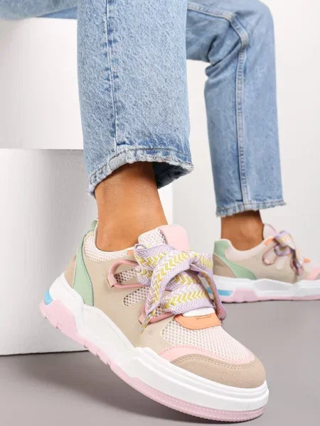 Sneakerși Roz-Bej Zeldema cu Talpă Groasă și Șireturi Decorative bej
