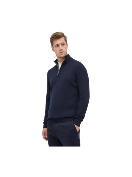 Lniany sweter z golfem Barbour niebieski