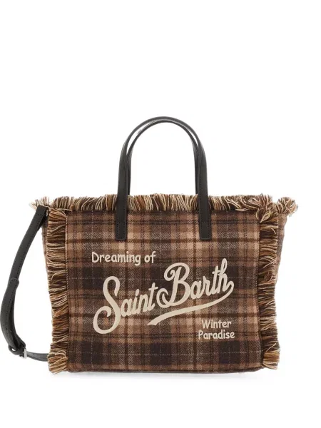 Geantă shopper Mc2 Saint Barth cu franjuri în carouri maro