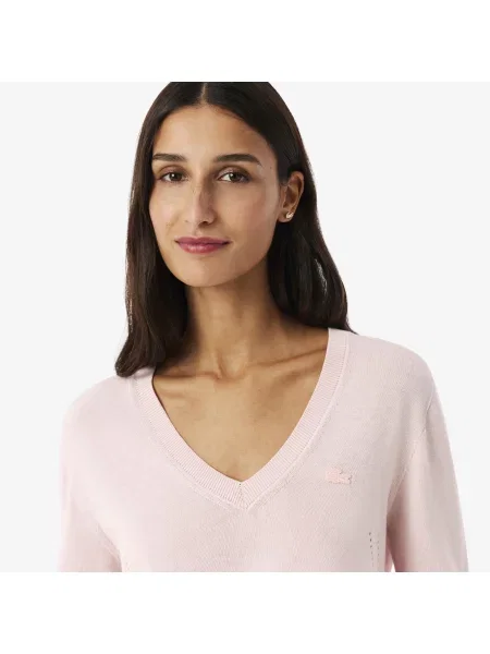 Lacoste Bezszwowy Sweter Z Dzianiny Z Dekoltem W Serek różowy