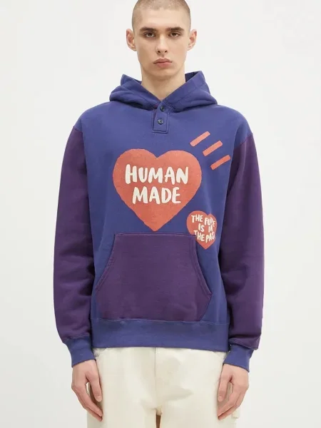 Human Made hanorac de Colorblock Hoodie bărbați bleumarin cu glugă cu imprimeu