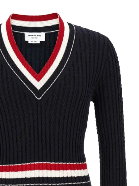 Pletený svetr Thom Browne s výstřihem do v modrý