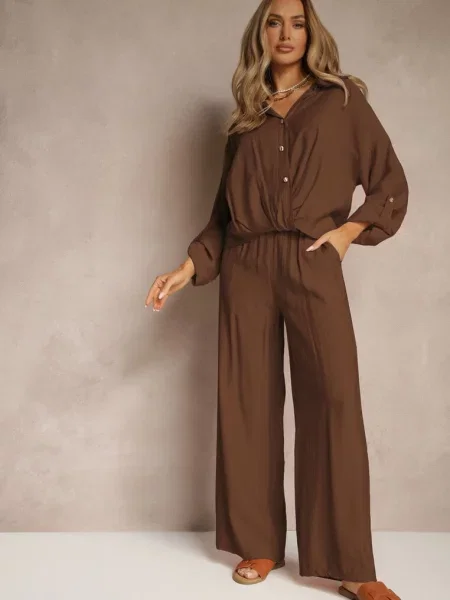 Komplet z w Stylu Oversize Szerokie Spodnie i Luźna Koszula na Natinne brązowy