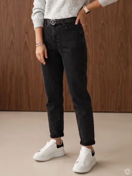 Jeansy mom fit z wysokim stanem i paskiem Dstreet czarne