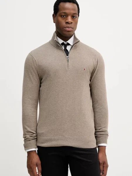 Tommy Hilfiger sweter z domieszką kaszmiru brązowy lekki z półgolfem szary