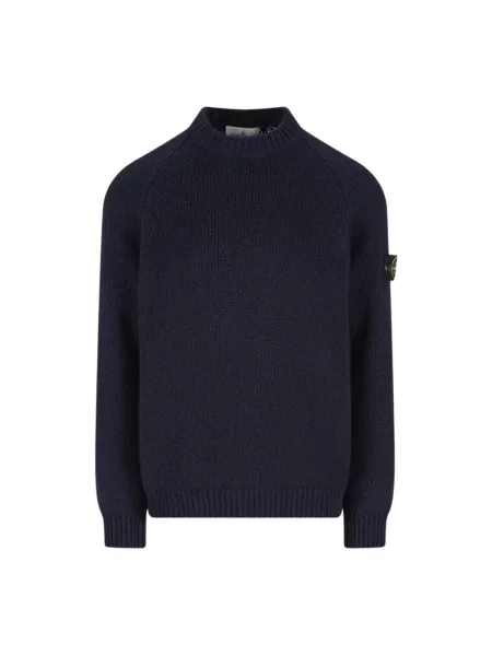 Sweter Stone Island wełniany z okrągłym dekoltem z kamieniami niebieski