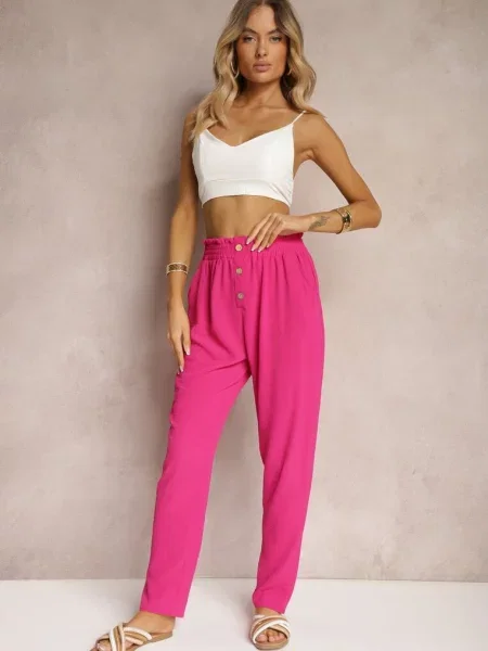 Fuksjowe Spodnie Typu Paper Bag High Waist z Gumką w Talii Salvavia różowe