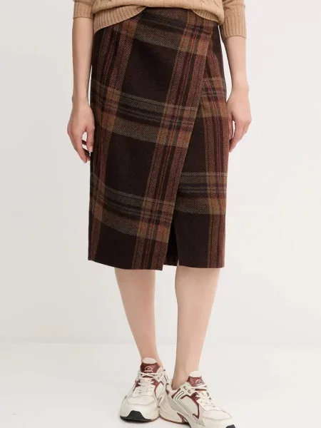Spódnica midi Polo Ralph Lauren wełniana do kolan w kratkę brązowa