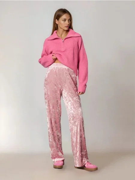 Штани wide leg з м’якого м’ятого оксамиту пильно-рожевий рожеві