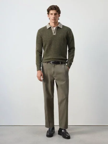 Sweter polo z dzianiny z mieszanki wełny i alpaki oliwkowozielony Mężczyzna S MANGO MAN