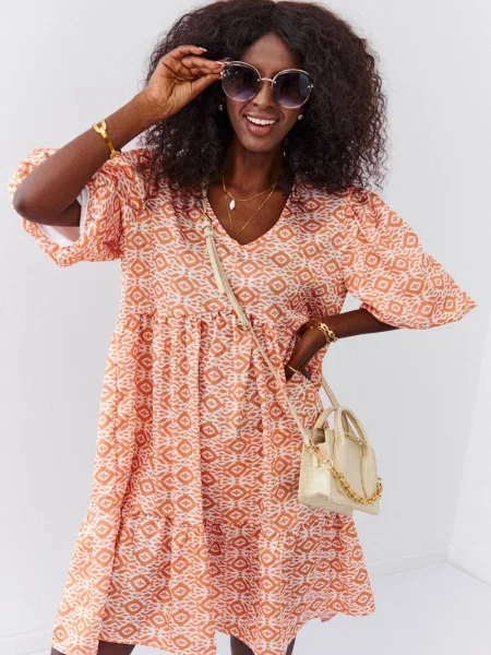 Obleka Fasardi napihnjen rokav oranžna