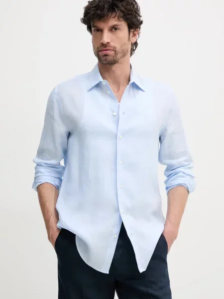 Ленена риза Emporio Armani мъжка със стандартна кройка с класическа яка синьо