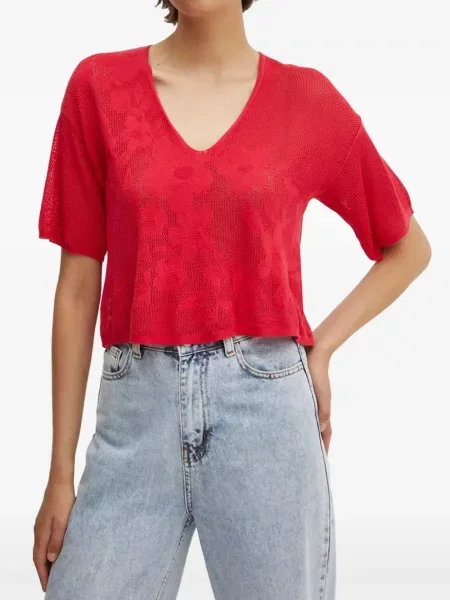 Pulover Benetton cu model floral cu decolteu în V din jacard roșu