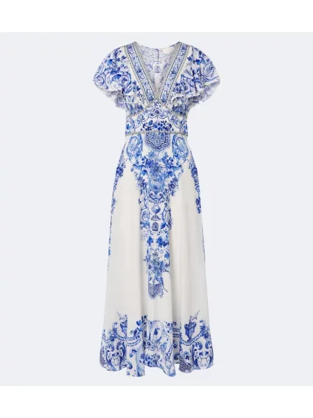 Rochie maxi Camilla de mătase cu model floral alb
