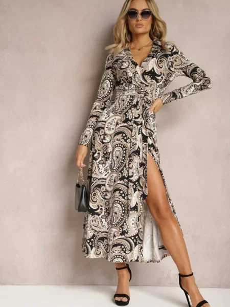 Rochie Maxi Bej-Negru cu Fundă în Talie Rosali negru