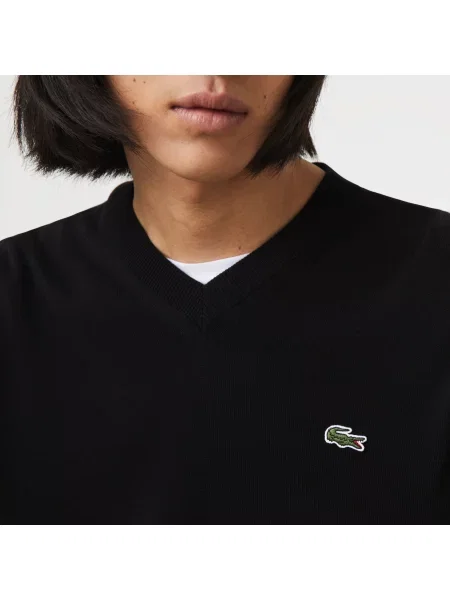 Lacoste Sweter Z Dekoltem W Serek Z Organicznej Bawełny czarny