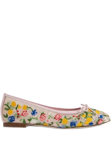 Květinové baleríny Manolo Blahnik s výšivkou růžové
