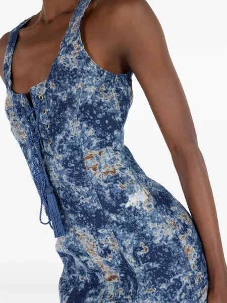 Rochie din denim Roberto Cavalli cu șireturi din dantelă de costum albastru