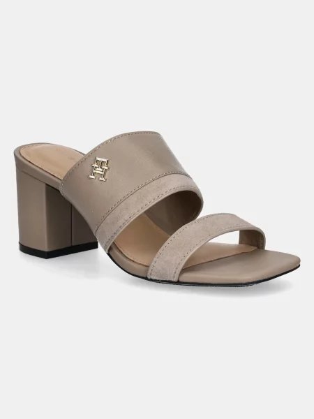 Кожени чехли Tommy Hilfiger LEATHER & SUEDE BLOCK HEEL MULE с дебел бежово