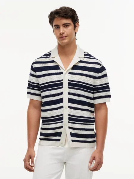 TOMMY HILFIGER Pletena jopa BRETON ecru / mornarska