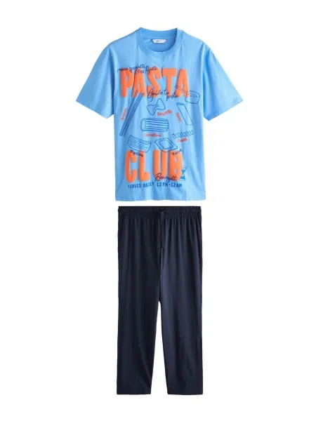 Next Pijama lungă albastru marin / azur / portocaliu mandarină roșu