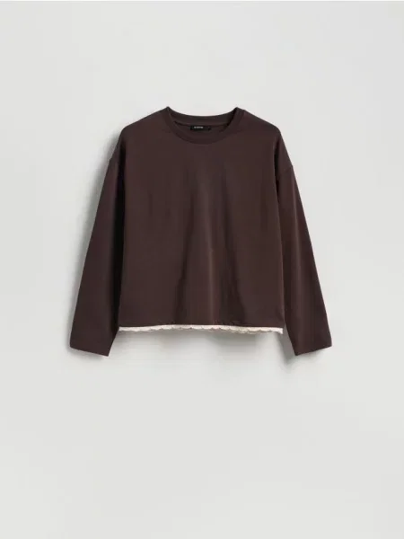 Reserved longsleeve z koronką ciemnobrązowy
