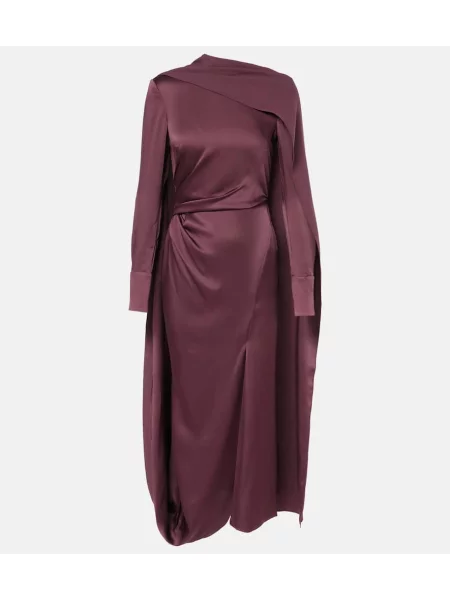 Satenska midi obleka Erdem z draperijo bordo