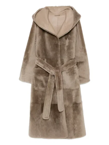 Palton Liska din piele cu glugă maro