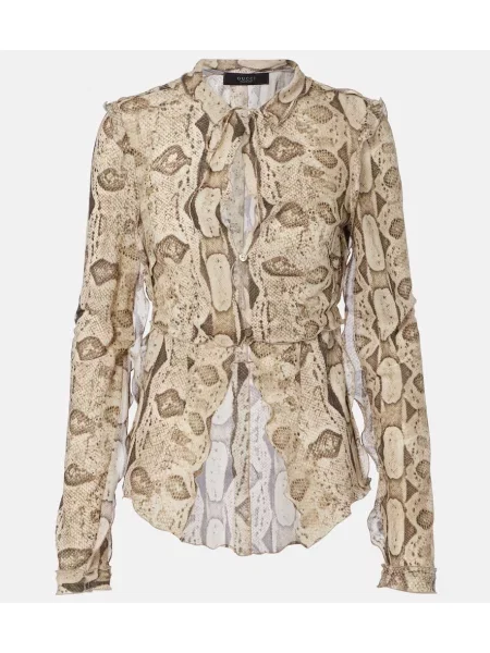 Bluză Gucci de mătase cu imagine cu model piele de șarpe gri
