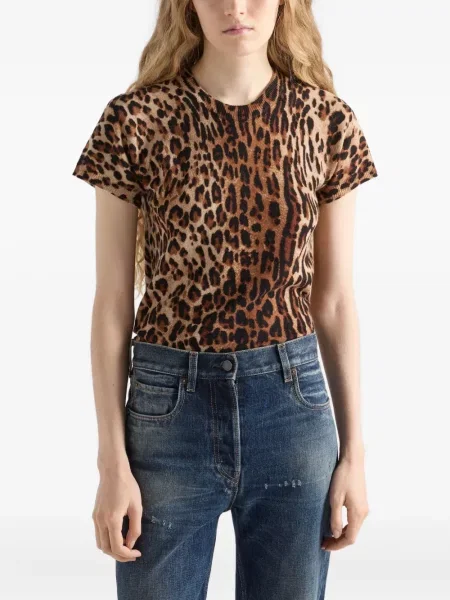 Tricou Prada tricotate cu imagine cu model leopard maro